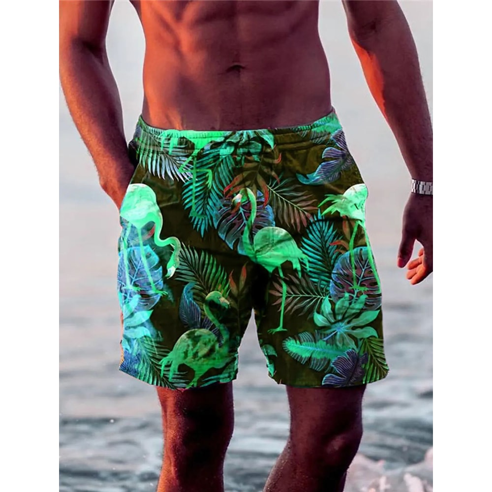 Mens Quick Dry Hawaiian Swim Shorts With Flamingo Print 1