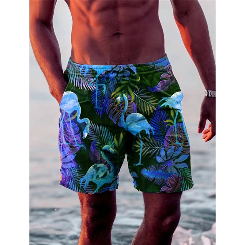 Mens Quick Dry Hawaiian Swim Shorts With Flamingo Print 3