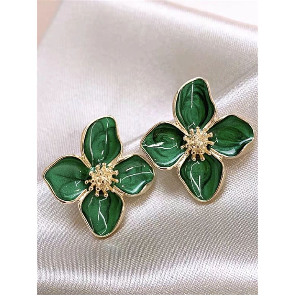 Vintage Hibiscus Flower Glaze Stud Earrings 3