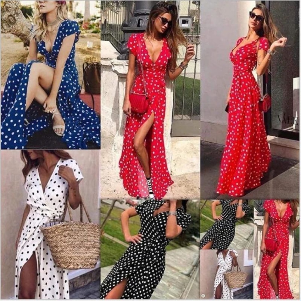 Women White Boho Polka Dot V Neck Summer Maxi Dress 1
