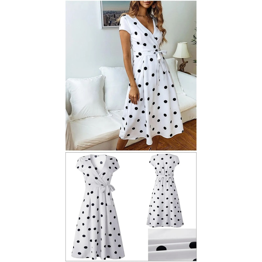 Women White Boho Polka Dot V Neck Summer Maxi Dress 4