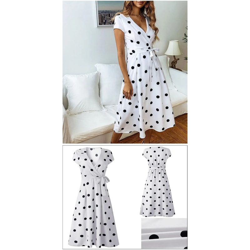 Women White Boho Polka Dot V Neck Summer Maxi Dress 4