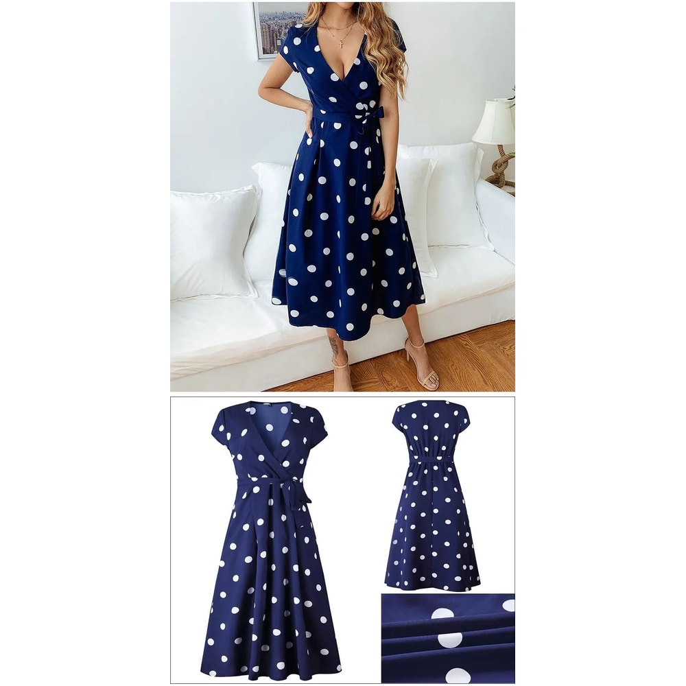 Women White Boho Polka Dot V Neck Summer Maxi Dress 6