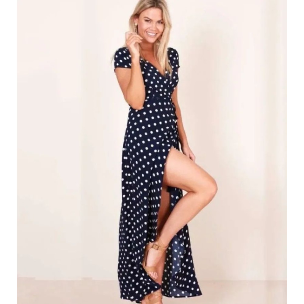 Women White Boho Polka Dot V Neck Summer Maxi Dress 8