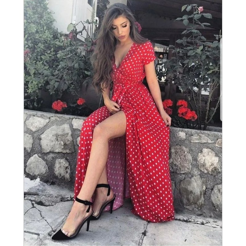 Women White Boho Polka Dot V Neck Summer Maxi Dress 9