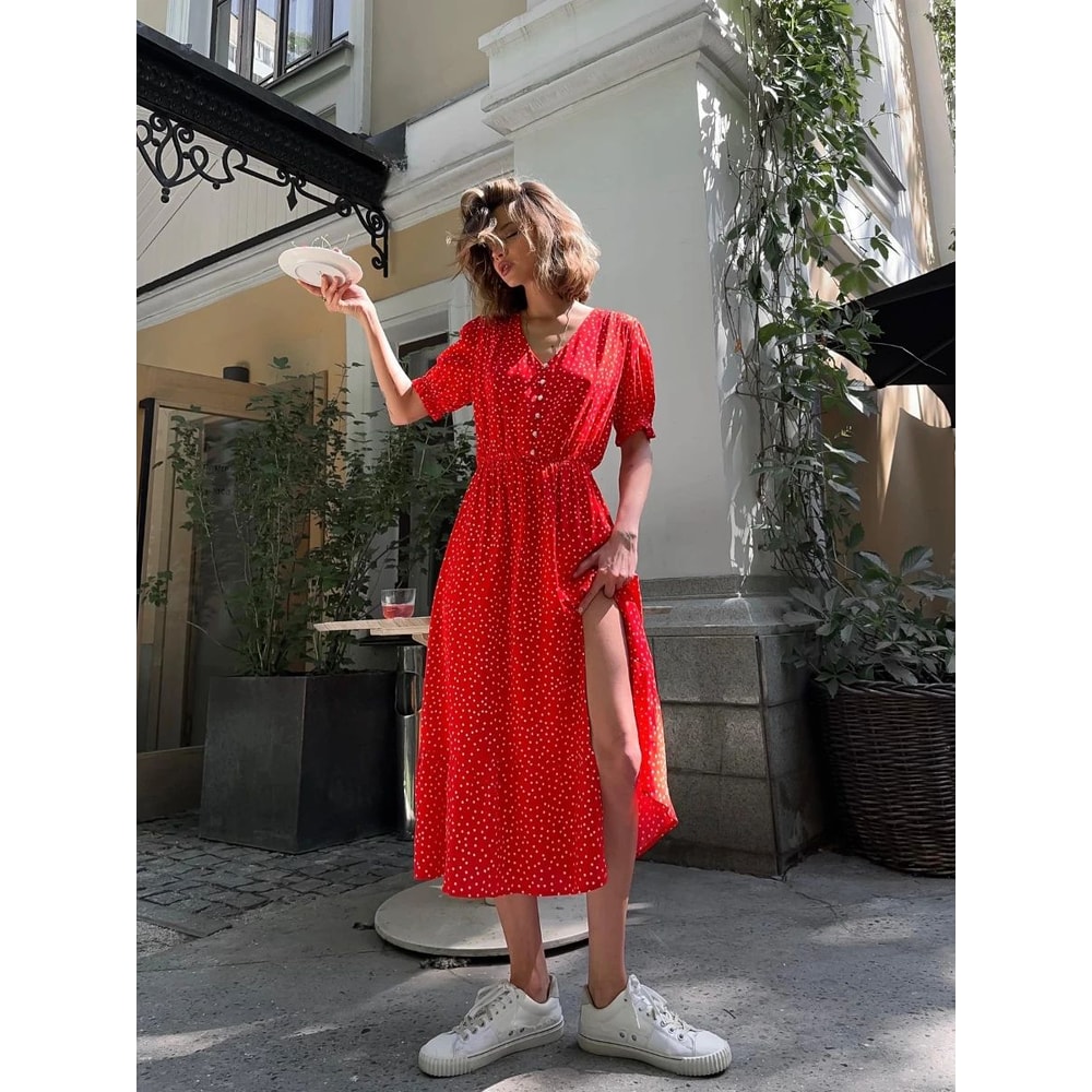 Women Red Polka Dot V Neck Casual Office Maxi Dress 1