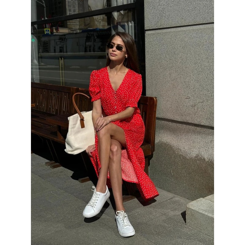 Women Red Polka Dot V Neck Casual Office Maxi Dress 3