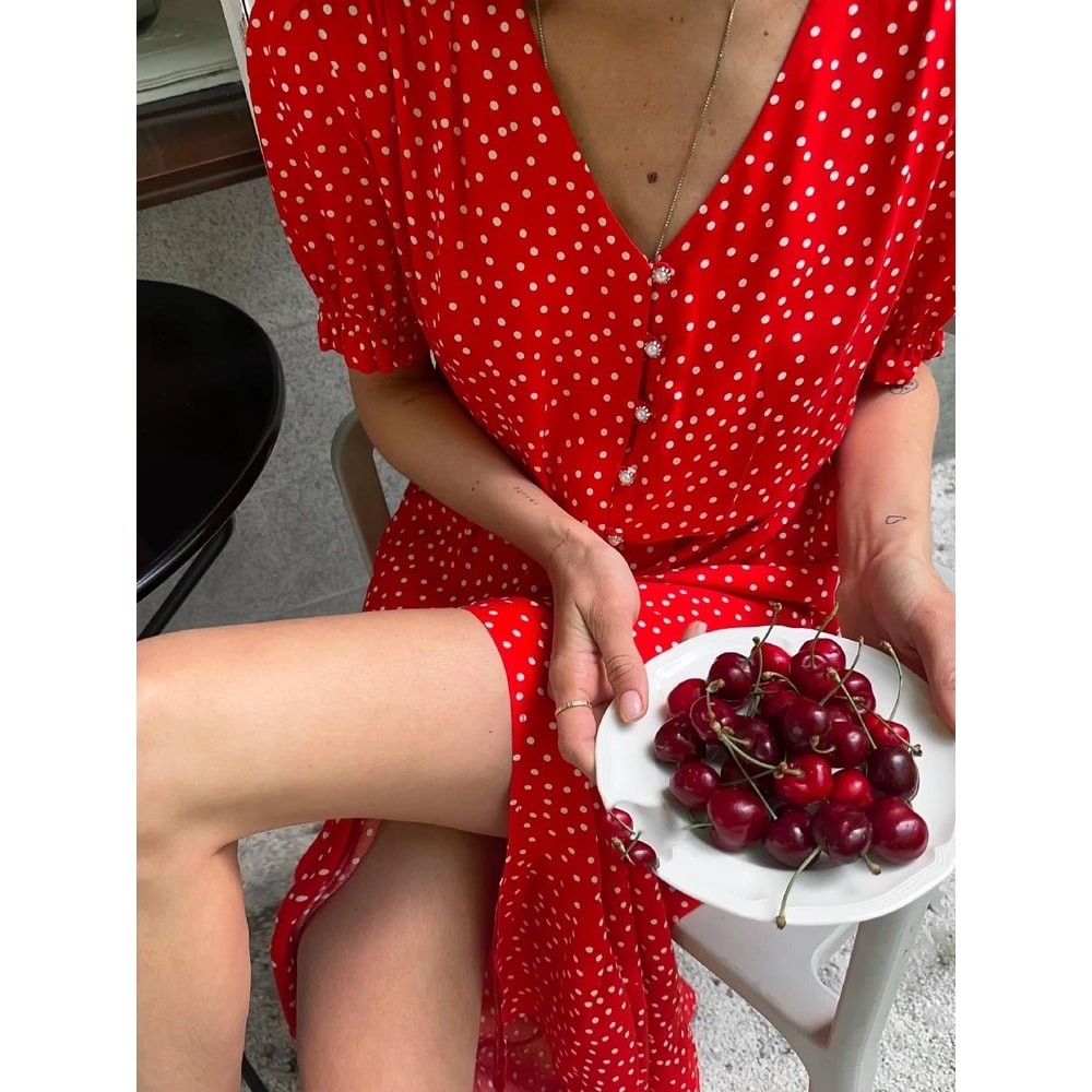 Women Red Polka Dot V Neck Casual Office Maxi Dress 4