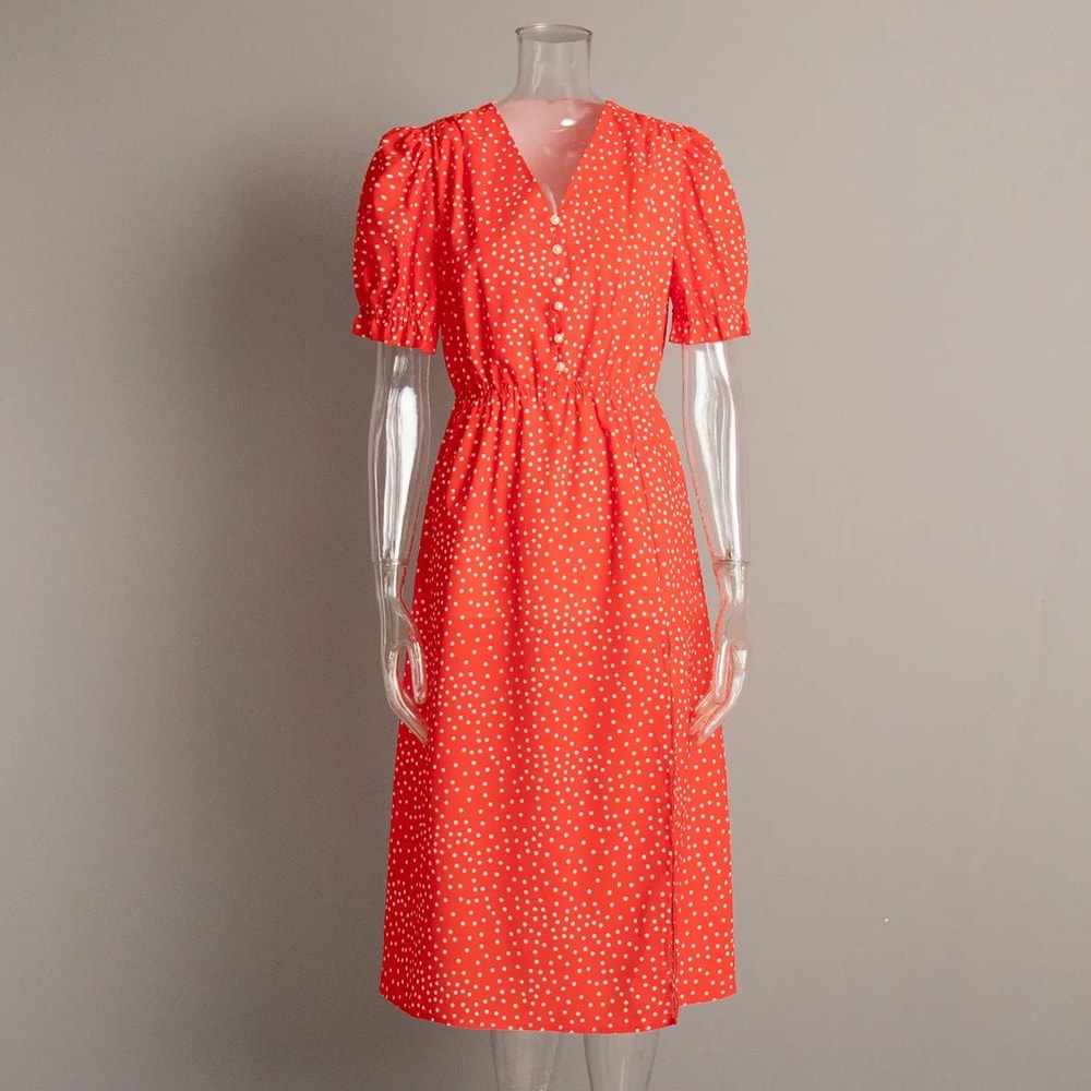 Women Red Polka Dot V Neck Casual Office Maxi Dress 7