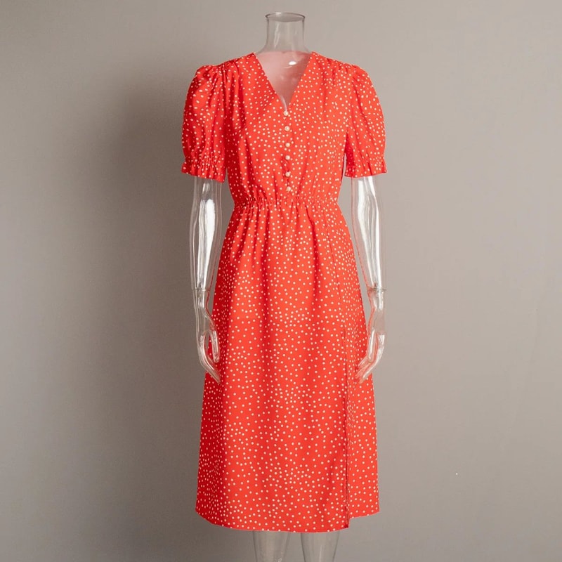 Women Red Polka Dot V Neck Casual Office Maxi Dress 7