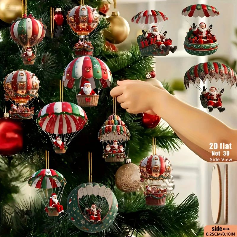 12pcs Wooden Santa Hot Air Balloon Christmas Tree Ornaments 0