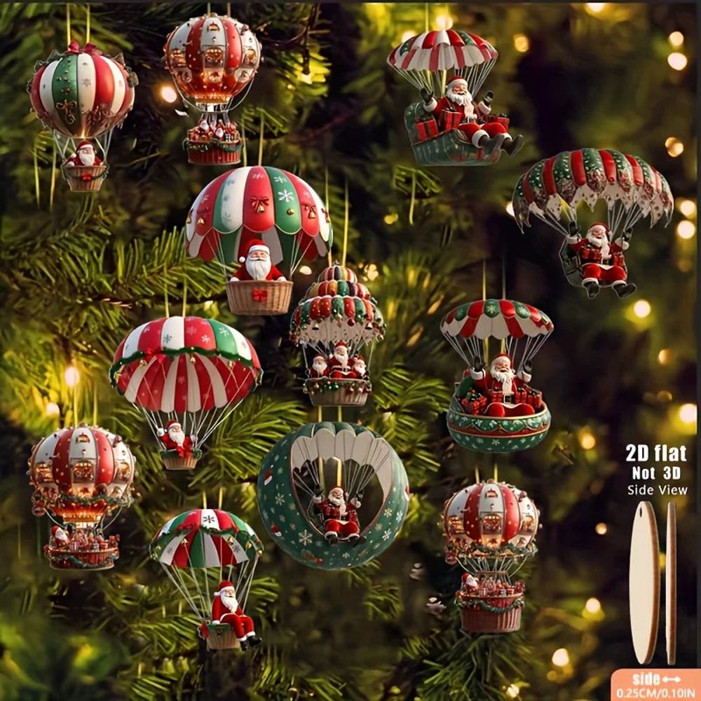 12pcs Wooden Santa Hot Air Balloon Christmas Tree Ornaments 2