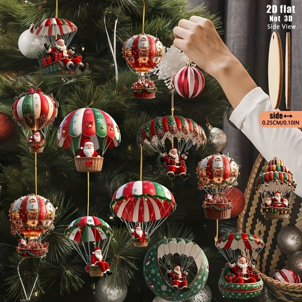 12pcs Wooden Santa Hot Air Balloon Christmas Tree Ornaments 3