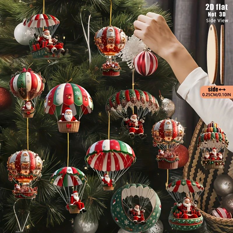 12pcs Wooden Santa Hot Air Balloon Christmas Tree Ornaments 3