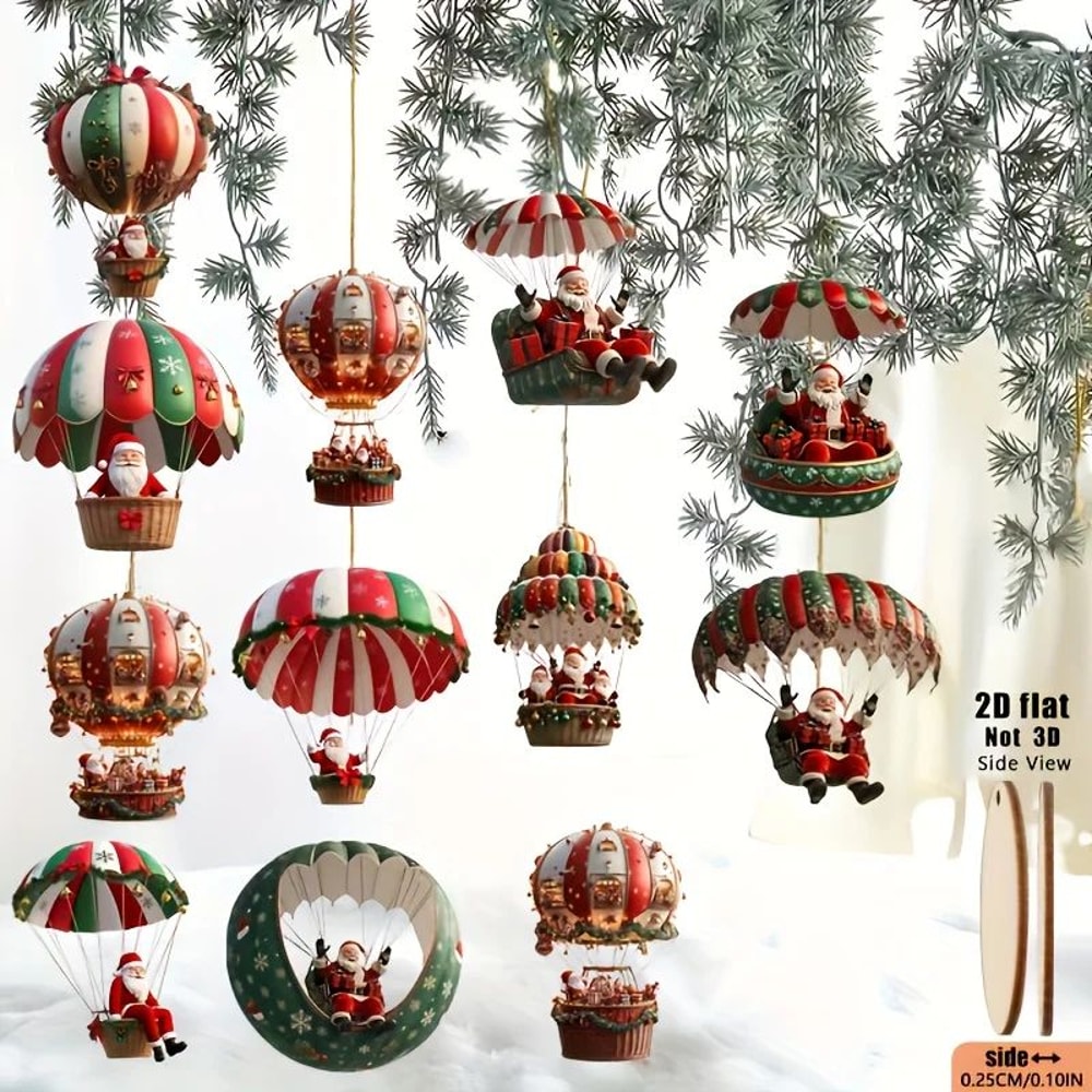 12pcs Wooden Santa Hot Air Balloon Christmas Tree Ornaments 4