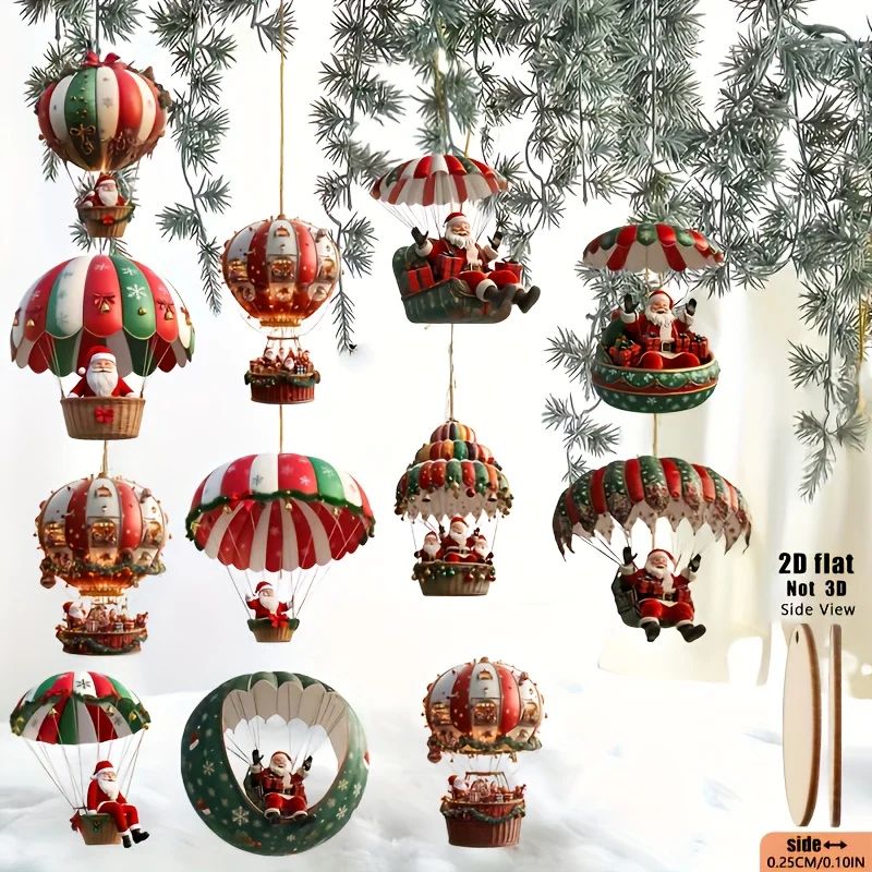 12pcs Wooden Santa Hot Air Balloon Christmas Tree Ornaments 4