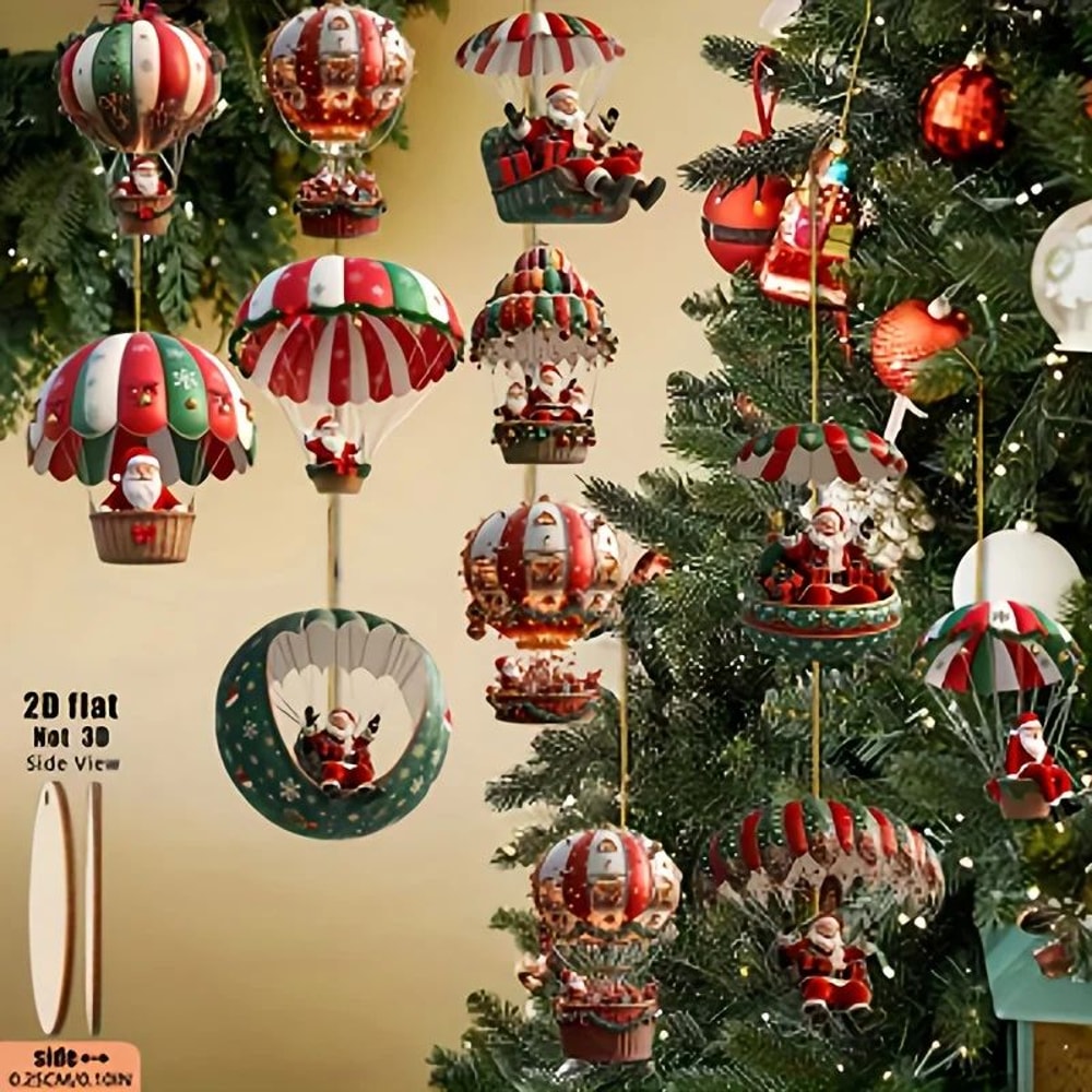 12pcs Wooden Santa Hot Air Balloon Christmas Tree Ornaments 5