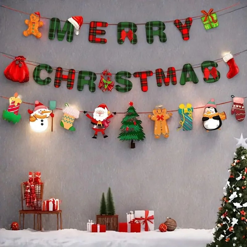 Merry Christmas Santa Snowman Paper Hanging Banner Decor 4