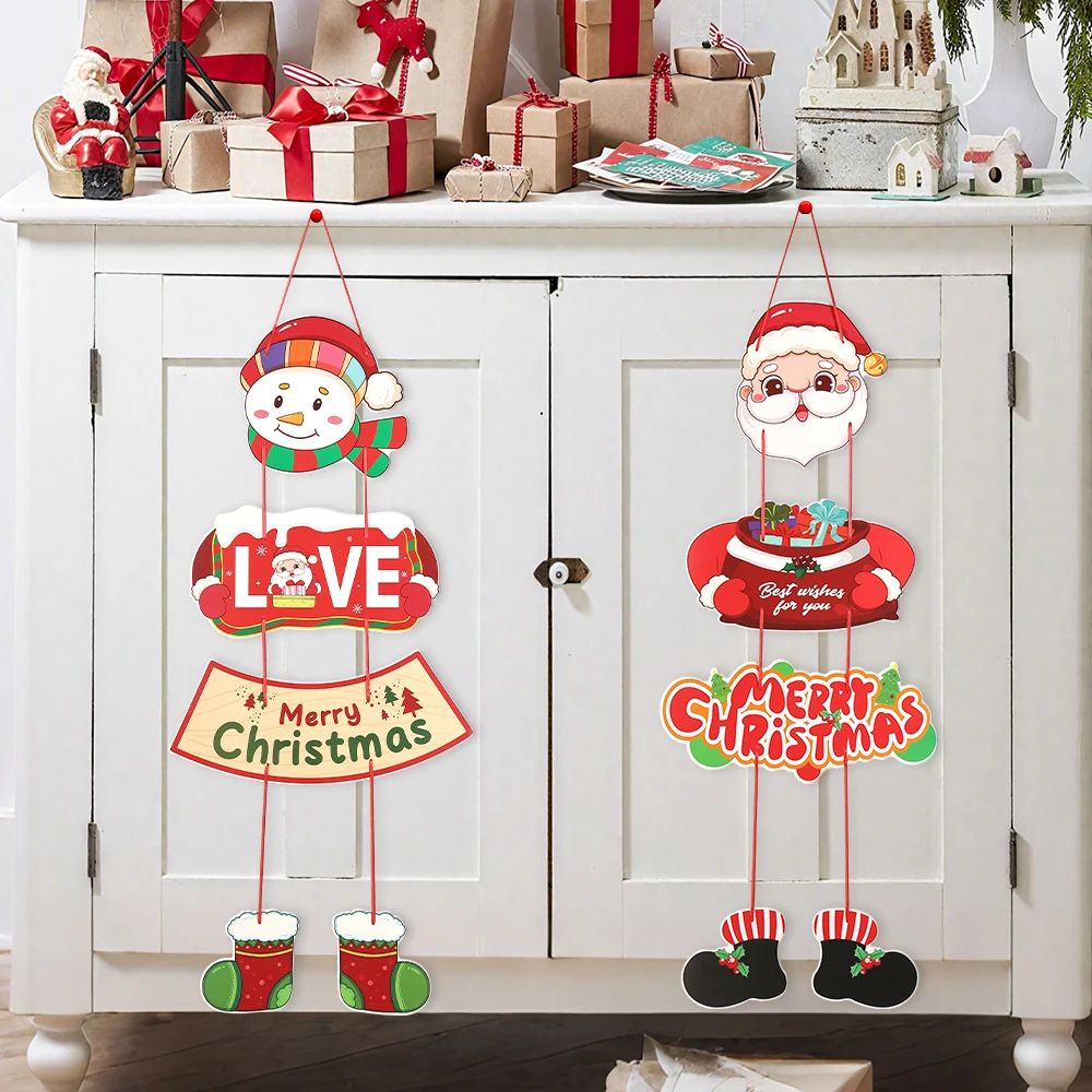 2pcs Santa Snowman Christmas Door Hanging Banner Decor 0