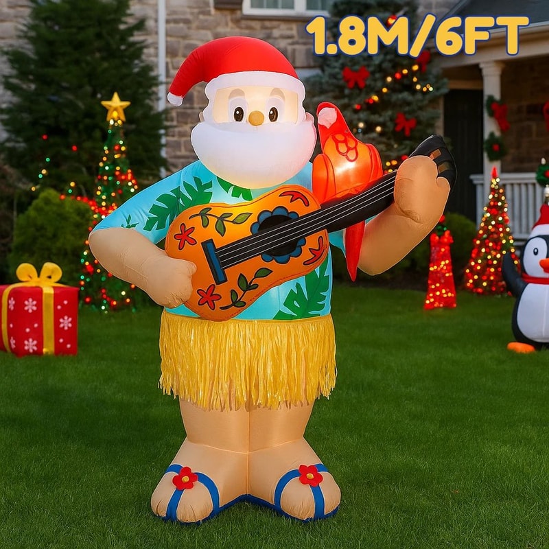 6FT LED Inflatable Hawaiian Santa With Guitar Yard Decoration 0