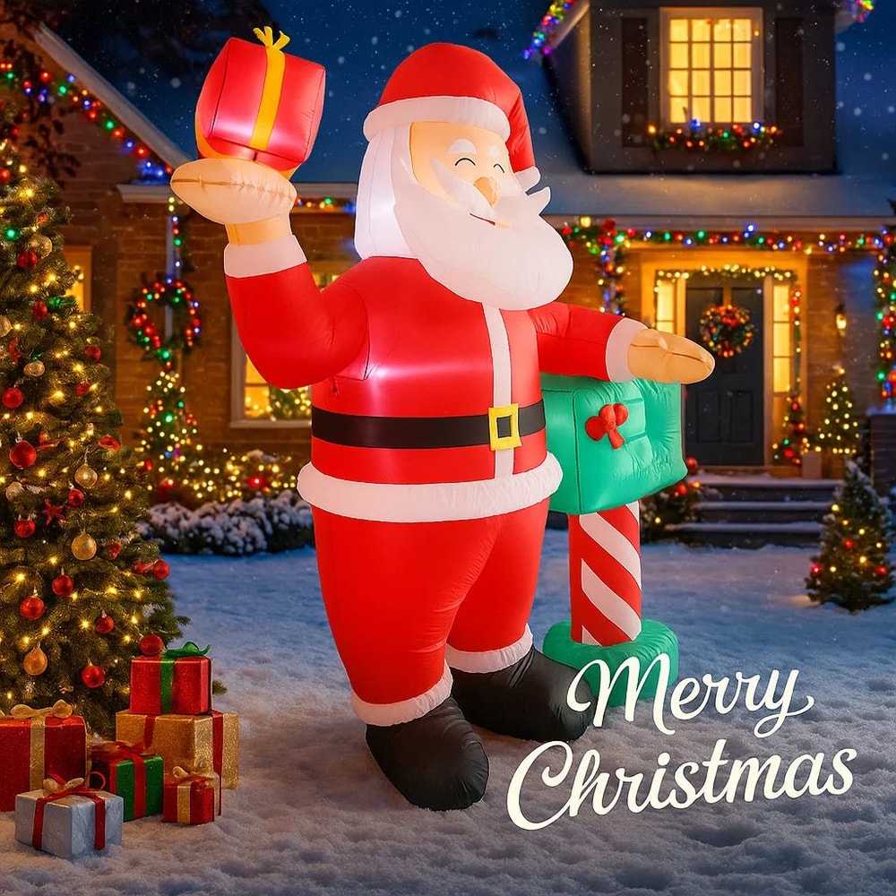 68FT LED Inflatable Santa On Gift Box Christmas Yard Decoration 3