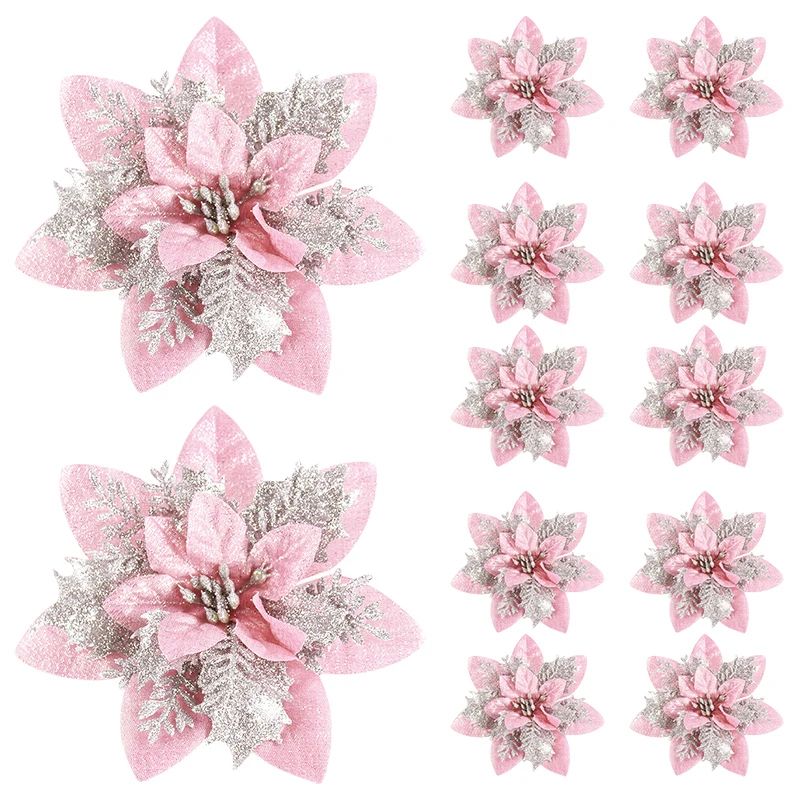 Glitter Pink Christmas Poinsettia Flower Ornaments For Tree Decor 0