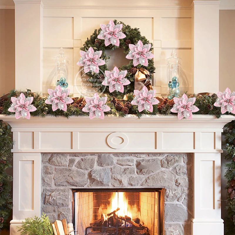 Glitter Pink Christmas Poinsettia Flower Ornaments For Tree Decor 4