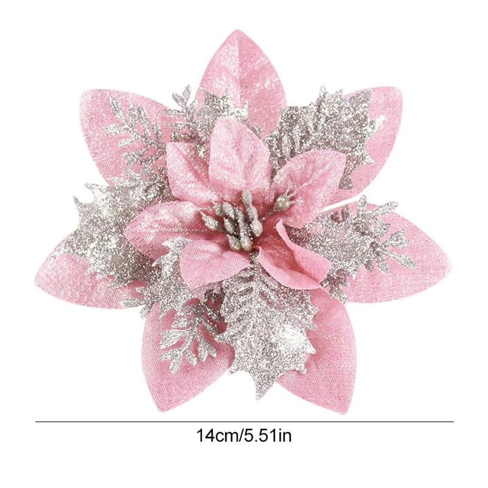 Glitter Pink Christmas Poinsettia Flower Ornaments For Tree Decor 6