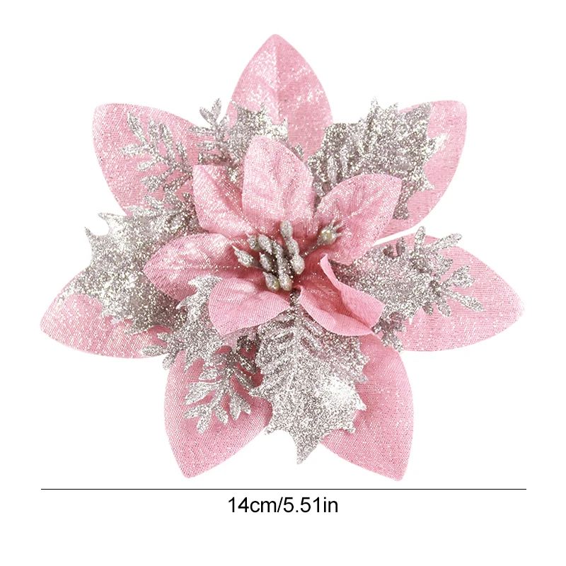 Glitter Pink Christmas Poinsettia Flower Ornaments For Tree Decor 6
