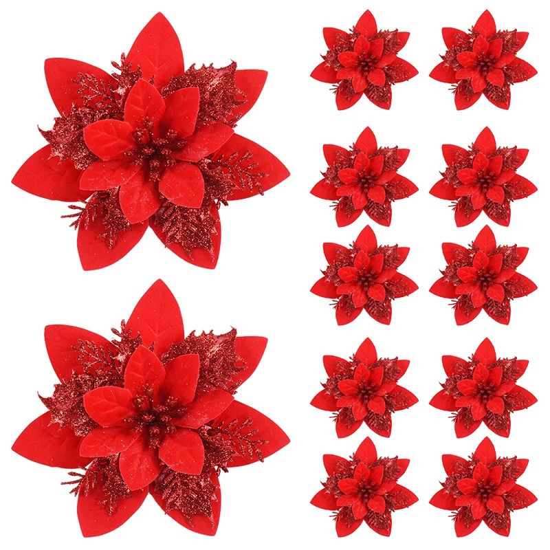 Glitter Pink Christmas Poinsettia Flower Ornaments For Tree Decor 7