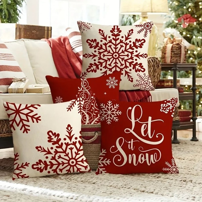 Red Snowflake Christmas Tree Pillow Cover For Sofa Decor 1