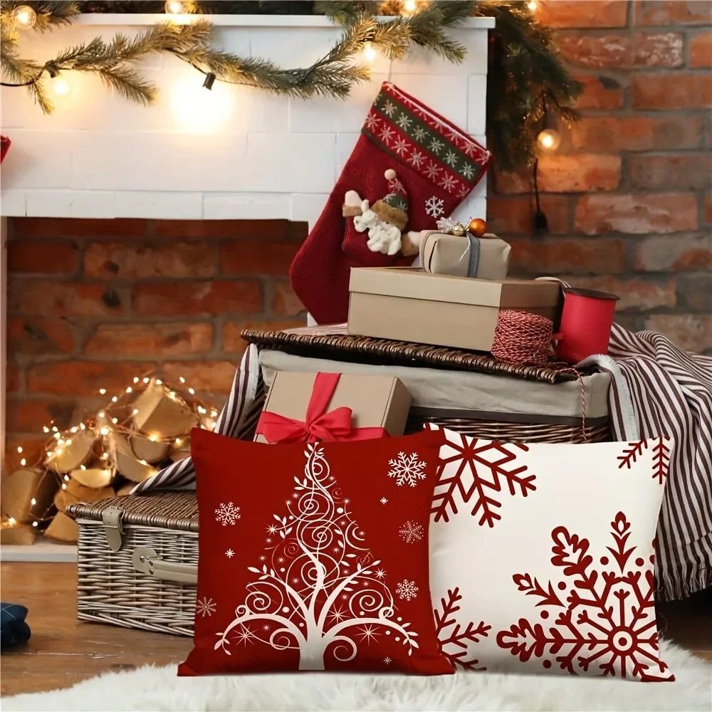 Red Snowflake Christmas Tree Pillow Cover For Sofa Decor 2