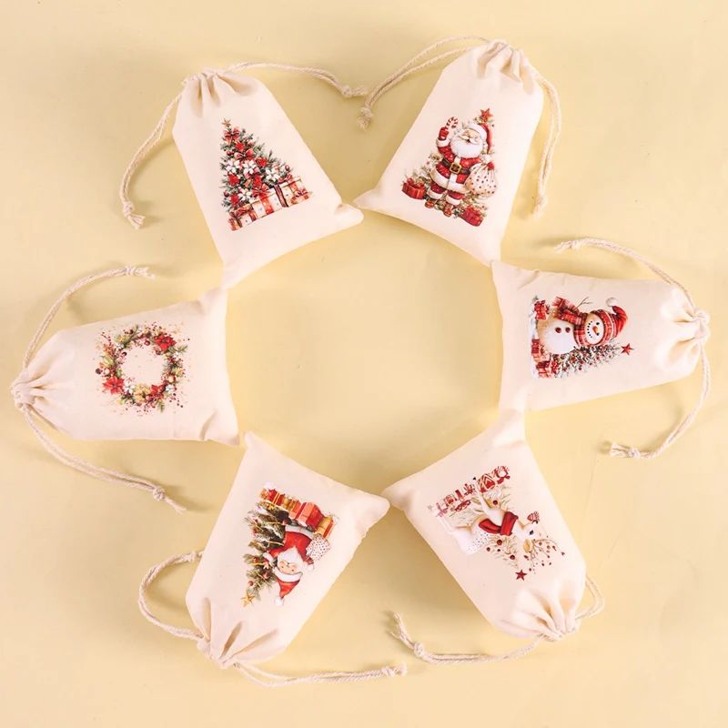 Christmas Linen Drawstring Gift Bags Set 7