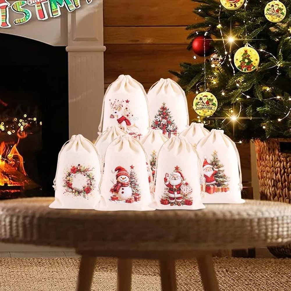 Christmas Linen Drawstring Gift Bags Set 8