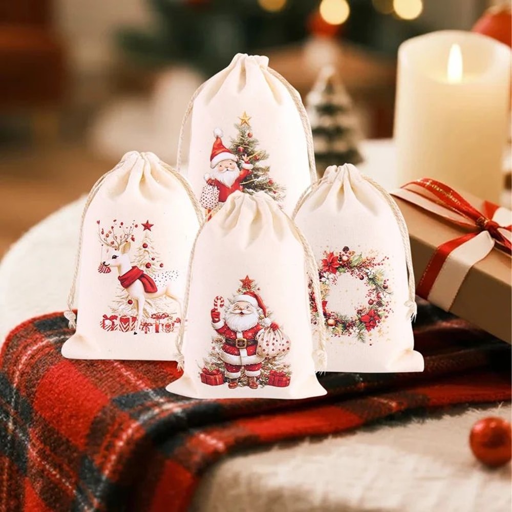 Christmas Linen Drawstring Gift Bags Set 10