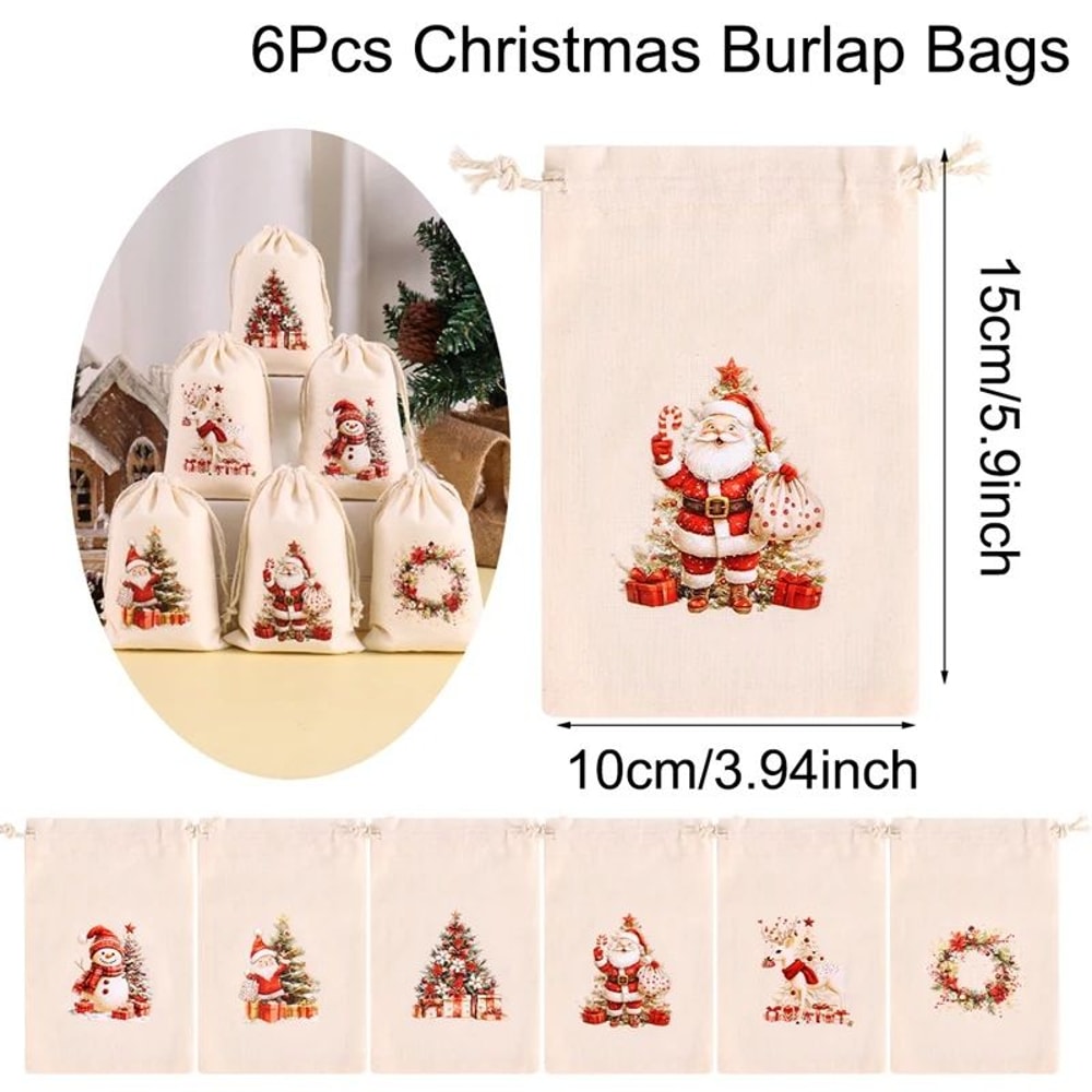 Christmas Linen Drawstring Gift Bags Set 11