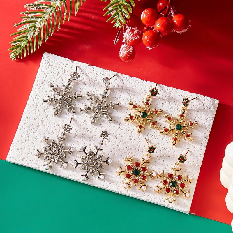 Crystal Snowflake Pearl Christmas Stud Earrings For Women 4