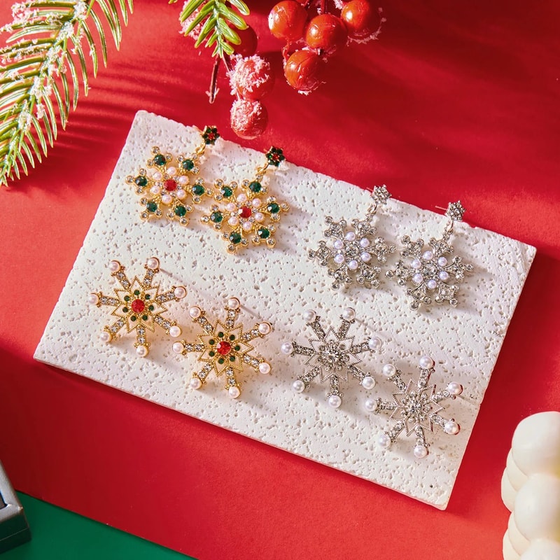 Crystal Snowflake Pearl Christmas Stud Earrings For Women 5