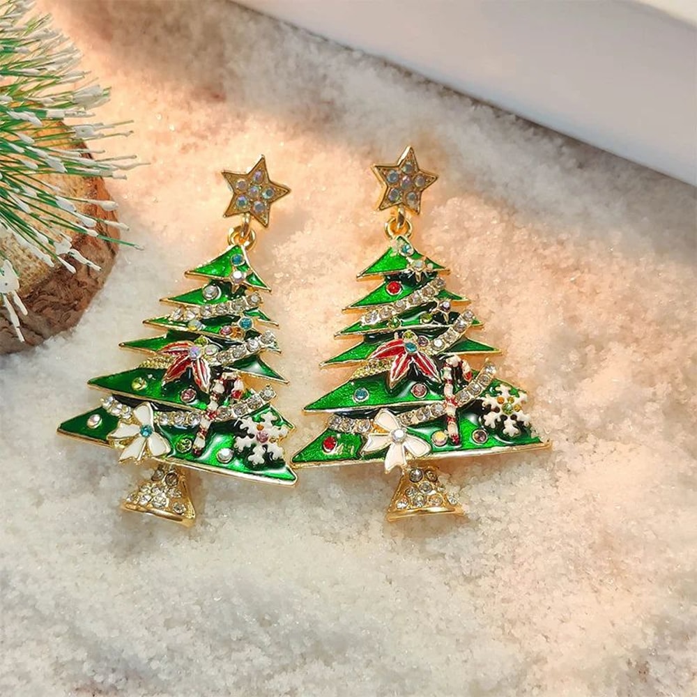 Green Christmas Tree Zircon Star Earrings For Women 0