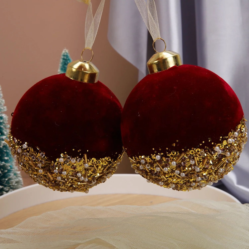 Red Glitter Velvet Christmas Ball Tree Ornaments 0