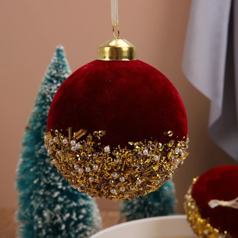 Red Glitter Velvet Christmas Ball Tree Ornaments 1