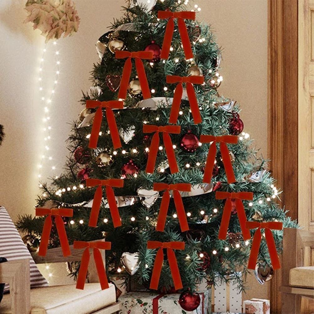 Velvet Ribbon Christmas Tree Bow Decorations Set 2