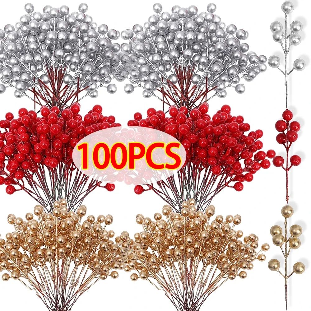Artificial Red Gold Silver Berry Branch Picks For Christmas Decor 0