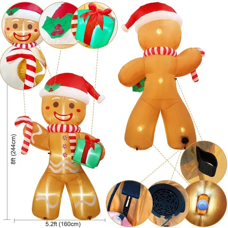 8FT Inflatable Gingerbread Man Christmas Yard Decoration With LED Lights 3