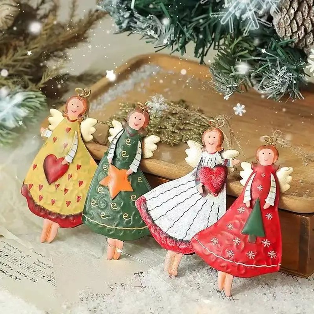 Vintage Wooden Angel Christmas Tree Hanging Ornaments Set 1