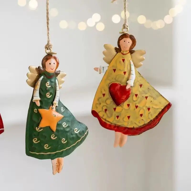 Vintage Wooden Angel Christmas Tree Hanging Ornaments Set 5