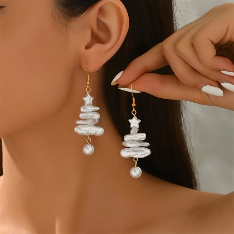 Baroque Pearl Christmas Tree Drop Earrings 3
