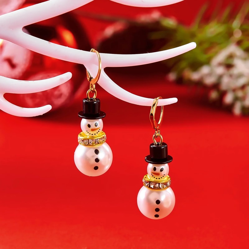 Pearl Snowman Rhinestone Snowflake Drop Earrings 1