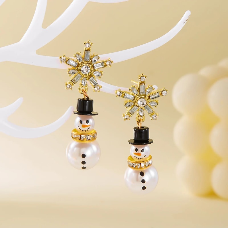 Pearl Snowman Rhinestone Snowflake Drop Earrings 6