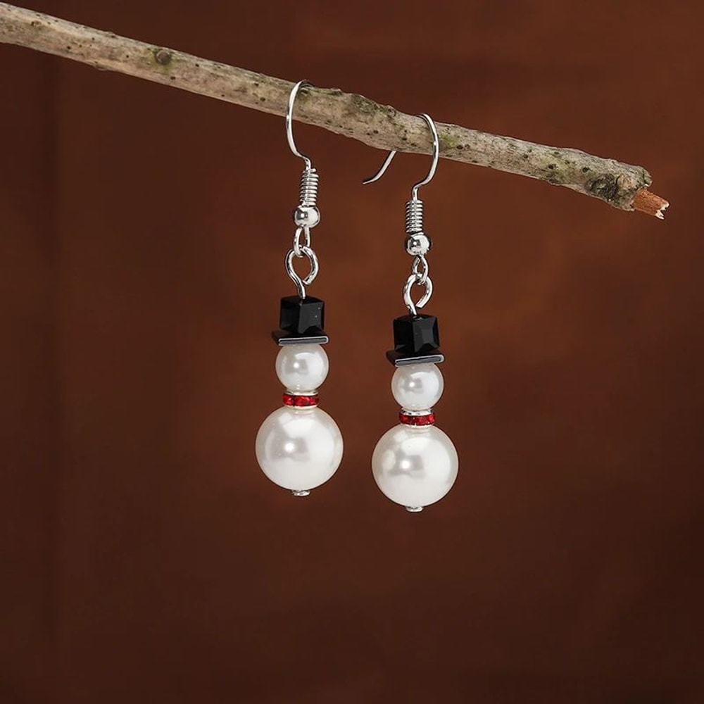 Pearl Snowman Rhinestone Snowflake Drop Earrings 7